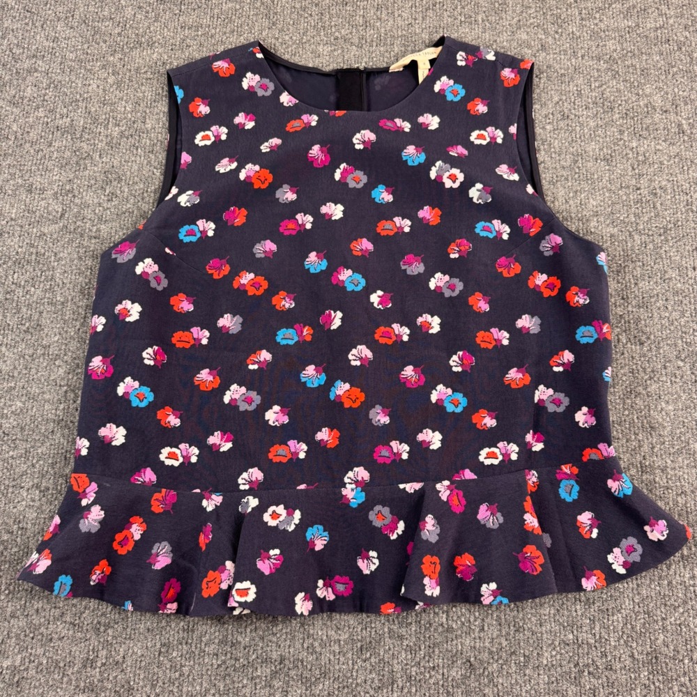 Rebecca Taylor Peplum Top Women 4 Navy Floral Sleeveless Silk Trim Excellent